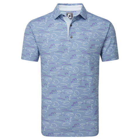 The FootJoy Men's Golf Course Doodle Polo is a light blue, short sleeve golf shirt with a collar and abstract white and purple line pattern. It features moisture-wicking, performance stretch, and an FJ logo on the inside collar.