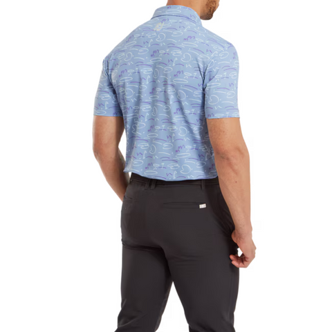 A man faces away from the camera, wearing a light blue FootJoy Men's Golf Course Doodle Polo with a subtle pattern, tucked into dark pants.