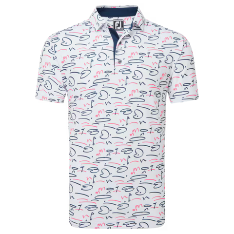 The FootJoy Men's Golf Course Doodle Polo is a white short-sleeve shirt with a navy collar lining, blue and pink doodle design, button-up neckline, moisture-wicking fabric, and FJ logo inside the collar.