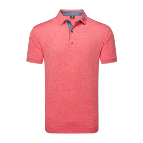 The FootJoy Men's Heather Lisle Polo in Hibiscus features short sleeves, a button-up collar, subtle heather pattern, and contrasting gray inner collar and placket for classic golf style.