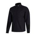 The FootJoy Men’s HydroLite X Rain Jacket is a black, lightweight zip-up with long sleeves, high collar, and subtle logo at the neck, shown on a white background.