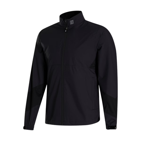 The FootJoy Men’s HydroLite X Rain Jacket is a black, lightweight zip-up with long sleeves, high collar, and subtle logo at the neck, shown on a white background.