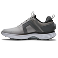 Side view of the FootJoy Men's Hyperflex Boa Golf Shoes in Grey/White, featuring black accents, a textured sole for grip, pull tabs on heel and tongue, and the BOA Fit System for a secure fit.