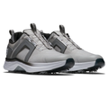 A pair of FootJoy Men's Hyperflex BOA Golf Shoes in grey/white, featuring black and white accents, thick soles with textured grip, and pull tabs on tongue and heel, are positioned slightly facing right.
