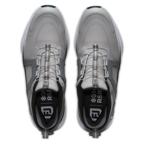 Top view of FootJoy Men's Hyperflex Boa Golf Shoes in Grey/White, featuring white soles, gray laces, black and gray accents, and insoles printed with the FootJoy logo and R&R branding.