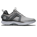 FootJoy Men's Hyperflex Boa Golf Shoes in grey/white feature a thick white sole, black and gray accents, lace-up design, and FJ logo on the heel—ideal for golfers seeking style and performance.
