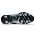 Close-up of the FootJoy Men's Hyperflex Boa Golf Shoes in Grey/White, featuring six white spikes, a black zigzag tread, and the BOA Fit System for a secure fit on a white and translucent background.