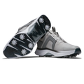 A pair of FootJoy Men's Hyperflex Boa Golf Shoes in Grey/White are shown, with one upright and the other tilted to reveal the spiked sole and grip pattern, emphasizing the advanced BOA Fit System for a secure, comfortable fit.