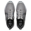 Top view of FootJoy Men's Hyperflex Boa Golf Shoes in Grey/White, featuring white soles, gray laces, black and gray accents, and insoles printed with the FootJoy logo and R&R branding.