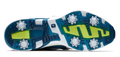 The image displays the sole of the FootJoy Men's Hyperflex Golf Shoes (White/Lime/Navy), featuring six white spikes, blue with white and lime accents, and textured patterns by FootJoy for superior grip and comfort on the golf course.