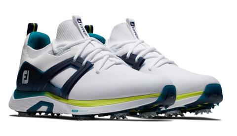 The FootJoy Men's Hyperflex Golf Shoes in White/Lime/Navy feature spiked soles, signature branding on the side, and offer exceptional comfort for golfers.