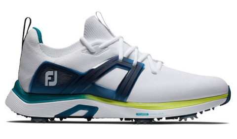 The FootJoy Men's Hyperflex Golf Shoes in White/Lime/Navy feature a textured sole, FJ logo by the heel, low-cut design, back pull tab, and deliver athletic comfort—perfect for golfers seeking performance and style.