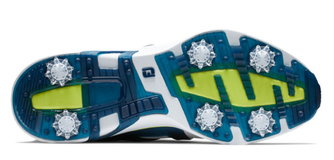 The image displays the sole of the FootJoy Men's Hyperflex Golf Shoe in White/Lime/Navy (US 8). This athletic shoe features seven clear plastic spikes for excellent grip and traction on the course.