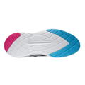 The image shows the sole of the FootJoy Men's Hyperflex Trainer Golf Shoe with a white base, pink heel, and blue forefoot. This spikeless design features textured patterns and grooves for traction on and off the course. Available in US 8, 8.5, and 12 only.