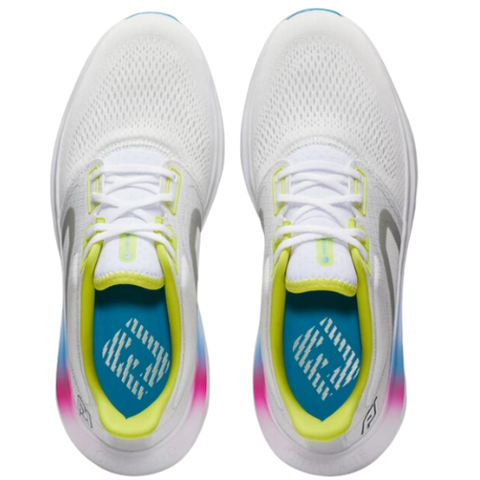 The FootJoy Men's Hyperflex Trainer Golf Shoes in white feature light blue and neon yellow accents, gradient blue-pink heels, and patterned insoles with R & L. Available in sizes US 8, 8.5, and 12, these spikeless shoes are perfect for athletic performance.