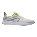 The FootJoy Men's Hyperflex Trainer Golf Shoes feature a white mesh upper, gray logo, neon yellow accents, and a white sole with pink and blue gradient details—available in US sizes 8, 8.5, and 12 only.
