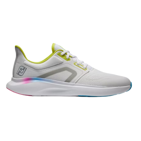 The FootJoy Men's Hyperflex Trainer Golf Shoes feature a white mesh upper, gray logo, neon yellow accents, and a white sole with pink and blue gradient details—available in US sizes 8, 8.5, and 12 only.