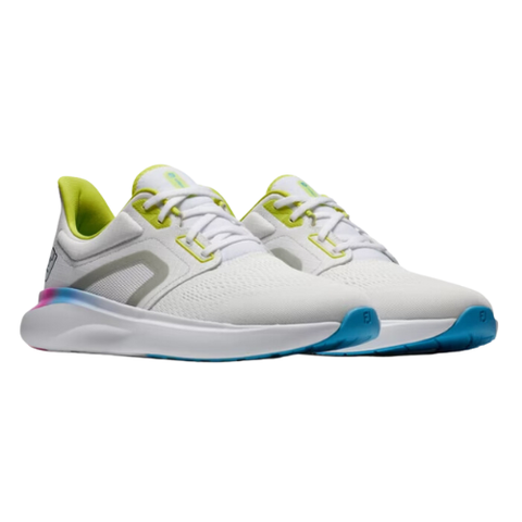 The FootJoy Men's Hyperflex Trainer Golf Shoes, in modern white with light gray accents, lime green lining, and blue-tipped soles, are spikeless athletic sneakers displayed on a white background.