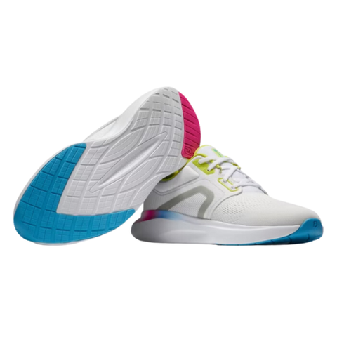 A pair of FootJoy Men's Hyperflex Trainer Golf Shoes in white, featuring blue and pink soles, lime green laces, and gray accents; one shoe stands upright while the other lies on its side to display the colorful sole.