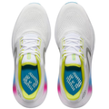 A pair of FootJoy Men's Hyperflex Trainer Golf Shoes in white, seen from above, with silver accents, neon yellow highlights, blue insoles with white graphics, and a pink-blue gradient heel detail.