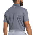 A man, seen from the back in light pants, turns his head to display the FootJoy Mens Lisle Houndstooth Geo Print Polo in black—a stylish performance golf shirt by FootJoy.