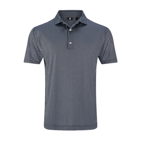 The FootJoy Mens Lisle Houndstooth Geo Print Polo is a short-sleeve, collared golf shirt in black, featuring a subtle geo print and a two-button placket for classic style and comfort.