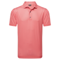 The FootJoy Mens Lisle Houndstooth Geo Print Polo in Hibiscus is a modern, fitted short-sleeve shirt featuring a collar, button-up front, and a red base with white and blue geometric patterns. Crafted from soft lisle cotton.