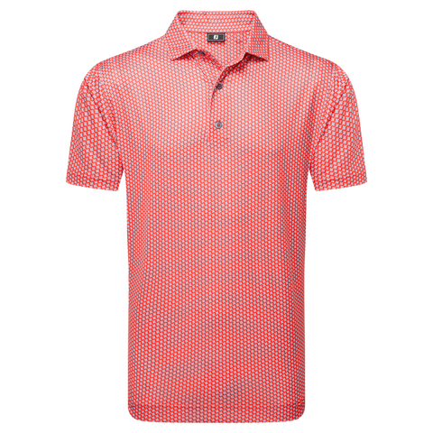 The FootJoy Mens Lisle Houndstooth Geo Print Polo in Hibiscus is a modern, fitted short-sleeve shirt featuring a collar, button-up front, and a red base with white and blue geometric patterns. Crafted from soft lisle cotton.