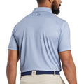 A man is seen from the back wearing a FootJoy Men's Loop Print Lisle Polo in White/Skyway, featuring ProDry Moisture-Wicking fabric and an FJ logo below the collar, paired with beige pants and a blue belt.