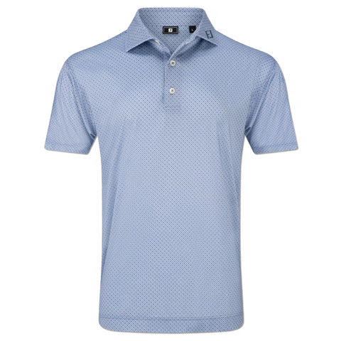 White/Skyway FootJoy Men's Loop Print Lisle Polo featuring four-way stretch, a subtle geometric pattern, button-up collar, and small black logo on the left collar tip, shown against a white background.