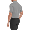 A man, seen from behind, wears a FootJoy Mens Micro Feeder Stripe Lisle Polo in Black/Grey with black pants. The background is transparent.
