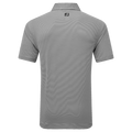 The FootJoy Mens Micro Feeder Stripe Lisle Polo in Black/Grey features subtle micro-stripe detailing, a short-sleeve collared design, and an FJ logo centered below the back collar.