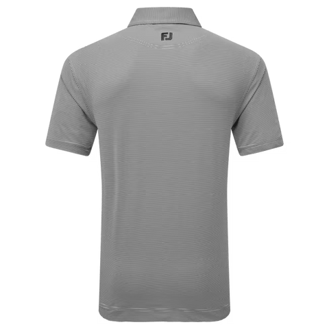 The FootJoy Mens Micro Feeder Stripe Lisle Polo in Black/Grey features subtle micro-stripe detailing, a short-sleeve collared design, and an FJ logo centered below the back collar.