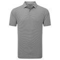 The FootJoy Mens Micro Feeder Stripe Lisle Polo in black/grey has short sleeves, a classic collar, a two-button placket, and a micro-stripe pattern, shown on a plain white background.