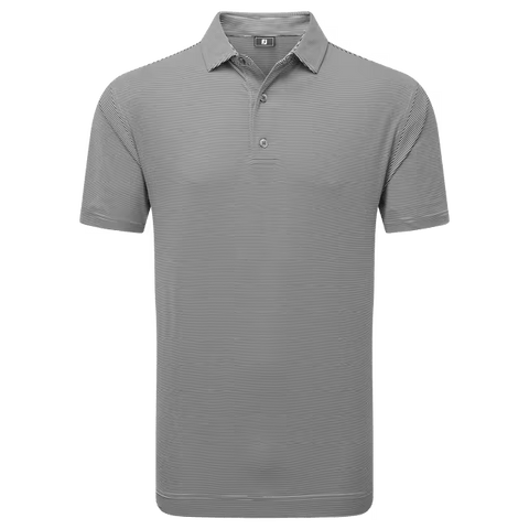 The FootJoy Mens Micro Feeder Stripe Lisle Polo in black/grey has short sleeves, a classic collar, a two-button placket, and a micro-stripe pattern, shown on a plain white background.