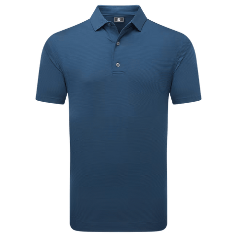The FootJoy Mens Micro Feeder Stripe Lisle Polo in navy/tonal features subtle horizontal stripes, a classic collar, and a two-button placket—ideal for both on and off the course.