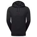 The FootJoy Men's Ottoman Jacquard Pullover Hoodie in black features long sleeves, a front pocket, and a drawstring hood with red tips. The FootJoy sweatshirt is shown on a white background.