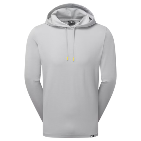 The FootJoy Men's Ottoman Jacquard Pullover Hoodie in light gray features a relaxed athletic fit, gold-tipped drawstrings, and a small black and white logo tag at the hem. Shown on a white background.