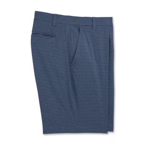 The FootJoy Mens Performance Lightweight Short by FootJoy features blue stripes, belt loops, a front pleat, and a side pocket. Designed for all-day comfort with moisture-wicking fabric. Shown neatly folded on a white background.