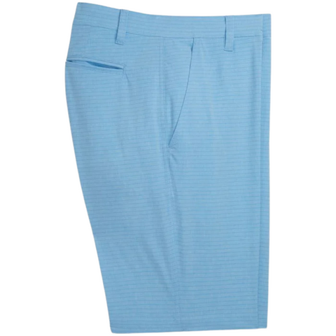 Light blue FootJoy Mens Performance Lightweight Shorts feature subtle horizontal stripes, a flat front, belt loops, side pocket, and moisture-wicking fabric for comfort—all neatly tailored by FootJoy and displayed against a white background.