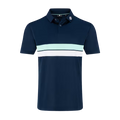 The FootJoy Mens Pique Double Chest Band Stripe Polo in navy features moisture-wicking fabric, light blue and white chest stripes, a collared neckline with two buttons, and a small logo on the left collar.