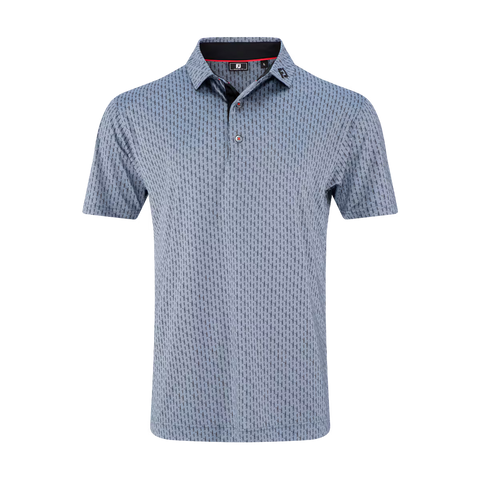 The FootJoy Mens Pique Solid Figure Print Lisle Polo in Flint/Black features a subtle geometric pattern, buttoned placket, and structured collar. Moisture-wicking piqué fabric and dark trim accents complete this mens golf shirt.