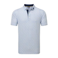 The FootJoy Mens Pique Solid Figure Print Lisle Polo in White/Navy features a collared, short-sleeve design with moisture-wicking fabric, button placket, and FJ logo—perfect as your go-to golf shirt.