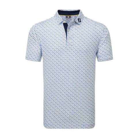 The FootJoy Mens Pique Solid Figure Print Lisle Polo in White/Navy features a collared, short-sleeve design with moisture-wicking fabric, button placket, and FJ logo—perfect as your go-to golf shirt.