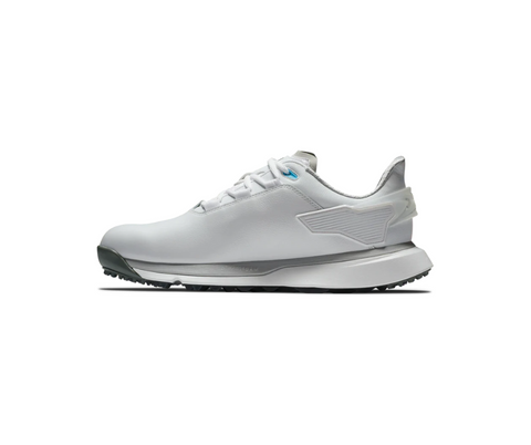 The FootJoy Men’s Pro SLX Golf Shoes by FootJoy feature a white low-top design with grey and light blue accents, lace-up closure, tour-level traction on the textured sole, and wing details, shown against a white background.