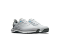 The FootJoy Men’s Pro SLX Golf Shoes, featuring white uppers, gray outsoles, and blue accents for tour-level traction, are shown side by side on a white background.