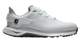 The FootJoy Men’s Pro SLX Golf Shoes are white athletic sneakers with a black FJ logo, gray and white sole, blue and silver accents, white laces, and provide tour-level traction on the course.