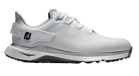The FootJoy Men’s Pro SLX Golf Shoes are white athletic sneakers with a black FJ logo, gray and white sole, blue and silver accents, white laces, and provide tour-level traction on the course.