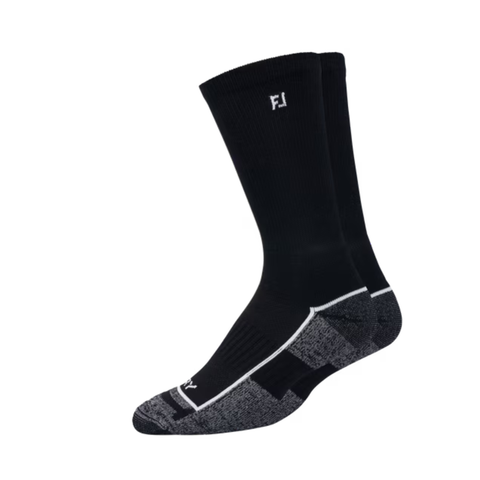 The FootJoy Men’s ProDry Crew Socks in black feature gray and black accents, the FJ logo near the top, cushioned soles, ribbed texture, and advanced moisture control for comfort.