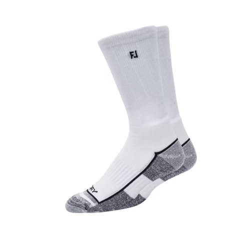A pair of FootJoy Men’s ProDry Crew Socks in white with gray and black foot detailing and a small FJ logo on the cuff. These cushioned golf socks by FootJoy are shown on a plain white background.